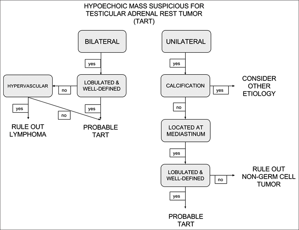 Decision tree to aid in the diagnosis of testicular adrenal rest tumors.